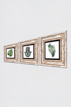 Yaprak, Fatma Ana Eli (Hamsa) Taş Duvar Tablosu Çerçeveli Duvar Dekoru 3 Parça Tablo Seti Wall Art