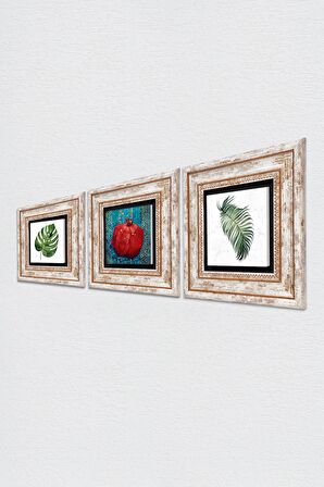 Yaprak, Nar Taş Duvar Tablosu Çerçeveli Duvar Dekoru 3 Parça Tablo Seti Wall Art