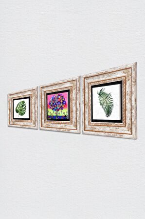 Yaprak, Hayat Ağacı Taş Duvar Tablosu Çerçeveli Duvar Dekoru 3 Parça Tablo Seti Wall Art
