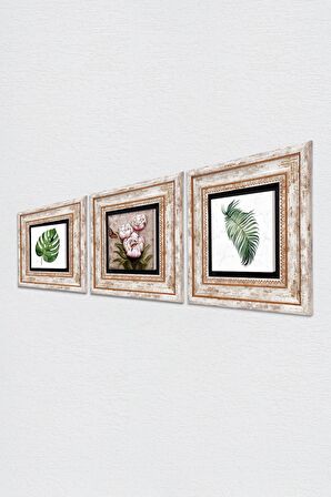 Yaprak, Kelebekli Çiçek Taş Duvar Tablosu Çerçeveli Duvar Dekoru 3 Parça Tablo Seti Wall Art