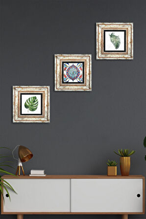 Yaprak, Çini Sanatı Taş Duvar Tablosu Çerçeveli Duvar Dekoru 3 Parça Tablo Seti Wall Art