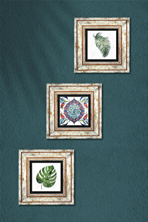 Yaprak, Çini Sanatı Taş Duvar Tablosu Çerçeveli Duvar Dekoru 3 Parça Tablo Seti Wall Art