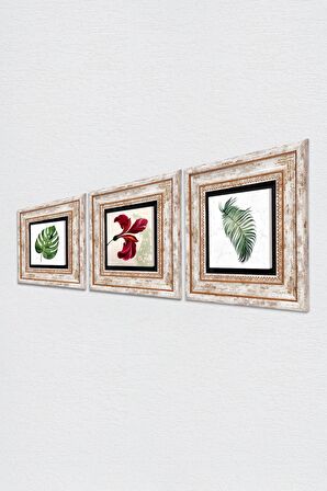 Yaprak, Ebru Sanatı Lale Taş Duvar Tablosu Çerçeveli Duvar Dekoru 3 Parça Tablo Seti Wall Art