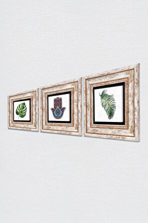 Yaprak, Fatma Ana Eli (Hamsa) Taş Duvar Tablosu Çerçeveli Duvar Dekoru 3 Parça Tablo Seti Wall Art