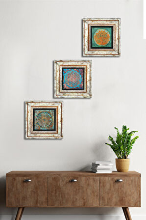 Lotus Çiçeği, Yaşam Çiçeği Taş Duvar Tablosu Çerçeveli Duvar Dekoru 3 Parça Tablo Seti Wall Art