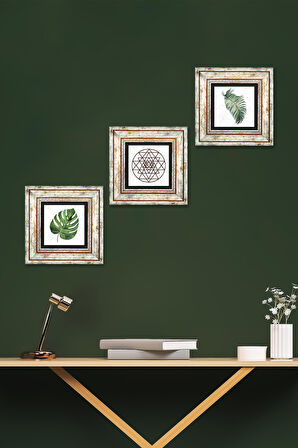 Yaprak, Sri Yantra Taş Duvar Tablosu Çerçeveli Duvar Dekoru 3 Parça Tablo Seti Wall Art