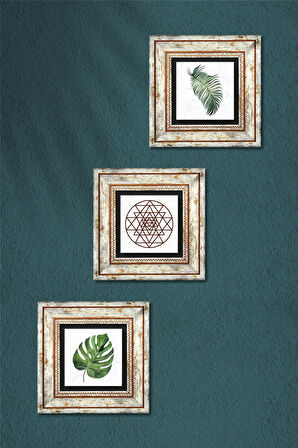 Yaprak, Sri Yantra Taş Duvar Tablosu Çerçeveli Duvar Dekoru 3 Parça Tablo Seti Wall Art
