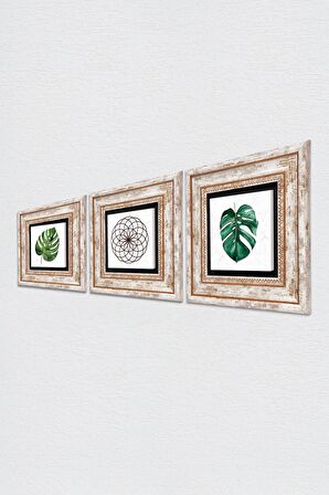 Yaprak, Yaşam Çiçeği Taş Duvar Tablosu Çerçeveli Duvar Dekoru 3 Parça Tablo Seti Wall Art
