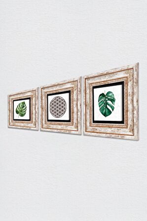 Yaprak, Yaşam Çiçeği Taş Duvar Tablosu Çerçeveli Duvar Dekoru 3 Parça Tablo Seti Wall Art