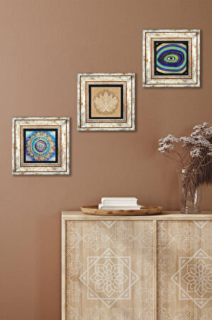 Mandala, Nazar, Lotus Çiçeği Taş Duvar Tablosu Çerçeveli Duvar Dekoru 3 Parça Tablo Seti Wall Art