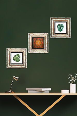 Yaprak, Sri Yantra Taş Duvar Tablosu Çerçeveli Duvar Dekoru 3 Parça Tablo Seti Wall Art