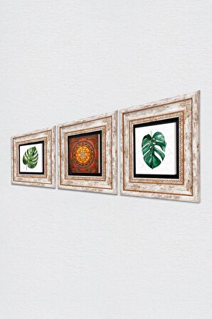 Yaprak, Sri Yantra Taş Duvar Tablosu Çerçeveli Duvar Dekoru 3 Parça Tablo Seti Wall Art