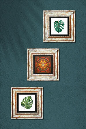 Yaprak, Sri Yantra Taş Duvar Tablosu Çerçeveli Duvar Dekoru 3 Parça Tablo Seti Wall Art