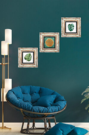 Yaprak, Lotus Çiçeği Taş Duvar Tablosu Çerçeveli Duvar Dekoru 3 Parça Tablo Seti Wall Art