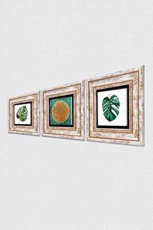 Yaprak, Lotus Çiçeği Taş Duvar Tablosu Çerçeveli Duvar Dekoru 3 Parça Tablo Seti Wall Art