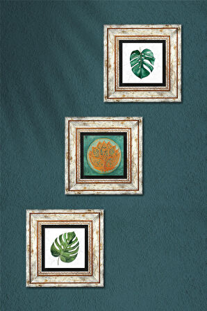 Yaprak, Lotus Çiçeği Taş Duvar Tablosu Çerçeveli Duvar Dekoru 3 Parça Tablo Seti Wall Art