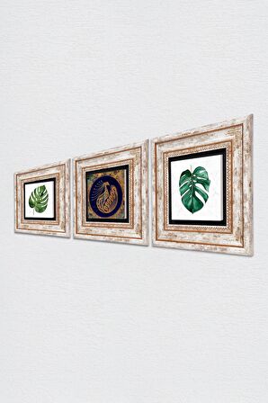 Yaprak, Tavus Kuşu Taş Duvar Tablosu Çerçeveli Duvar Dekoru 3 Parça Tablo Seti Wall Art