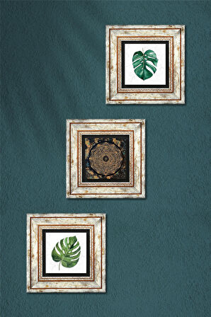 Yaprak, Sri Yantra Taş Duvar Tablosu Çerçeveli Duvar Dekoru 3 Parça Tablo Seti Wall Art