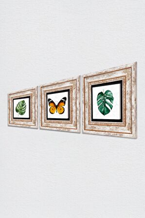 Kelebek, Yaprak Taş Duvar Tablosu Çerçeveli Duvar Dekoru 3 Parça Tablo Seti Wall Art