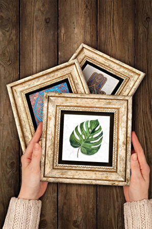 Kelebek, Yaprak Taş Duvar Tablosu Çerçeveli Duvar Dekoru 3 Parça Tablo Seti Wall Art