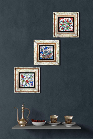 Çini Sanatı Lale, Yelkenli Gemi Taş Duvar Tablosu Çerçeveli Duvar Dekoru 3 Parça Tablo Seti Wall Art