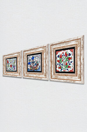 Çini Sanatı Lale, Yelkenli Gemi Taş Duvar Tablosu Çerçeveli Duvar Dekoru 3 Parça Tablo Seti Wall Art