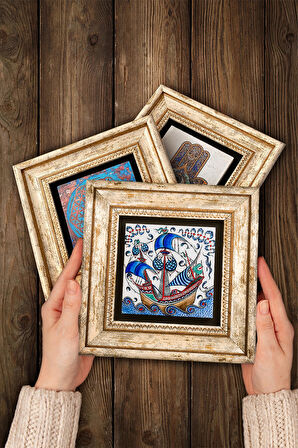 Çini Sanatı Lale, Yelkenli Gemi Taş Duvar Tablosu Çerçeveli Duvar Dekoru 3 Parça Tablo Seti Wall Art