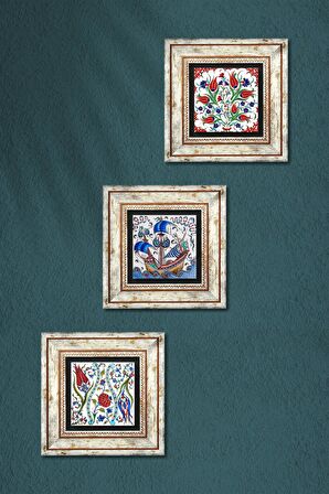 Çini Sanatı Lale, Yelkenli Gemi Taş Duvar Tablosu Çerçeveli Duvar Dekoru 3 Parça Tablo Seti Wall Art