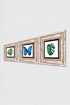 Kelebek, Yaprak Taş Duvar Tablosu Çerçeveli Duvar Dekoru 3 Parça Tablo Seti Wall Art
