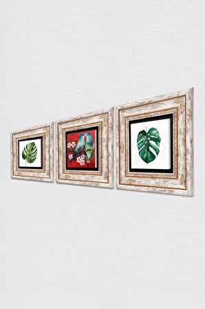 Kuş, Yaprak Taş Duvar Tablosu Çerçeveli Duvar Dekoru 3 Parça Tablo Seti Wall Art