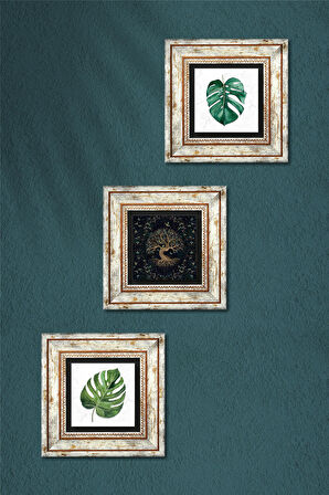 Yaprak, Hayat Ağacı Taş Duvar Tablosu Çerçeveli Duvar Dekoru 3 Parça Tablo Seti Wall Art