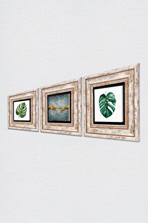 Michelangelo Adem'in Yaratılışı, Yaprak Taş Duvar Tablosu Çerçeveli Duvar Dekoru 3 Parça Tablo Seti Wall Art