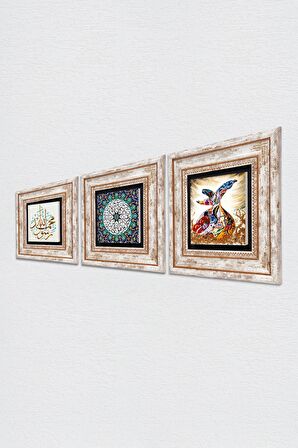 İhlas Suresi, Muhammed Resulullah Lafzı, Semazen Taş Duvar Tablosu Çerçeveli Duvar Dekoru 3 Parça Tablo Seti Wall Art
