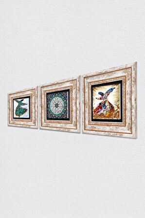 İhlas Suresi, Semazen Taş Duvar Tablosu Çerçeveli Duvar Dekoru 3 Parça Tablo Seti Wall Art