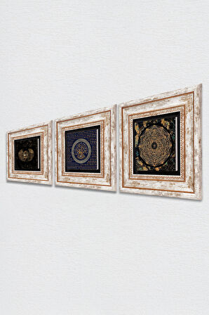 Horus'un Gözü, Nazar, Sri Yantra Taş Duvar Tablosu Çerçeveli Duvar Dekoru 3 Parça Tablo Seti Wall Art