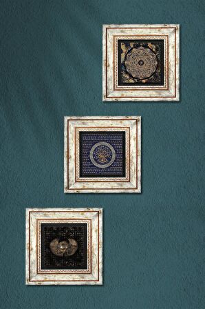 Horus'un Gözü, Nazar, Sri Yantra Taş Duvar Tablosu Çerçeveli Duvar Dekoru 3 Parça Tablo Seti Wall Art