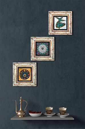 İhlas Suresi, Semazen, Nazar Taş Duvar Tablosu Çerçeveli Duvar Dekoru 3 Parça Tablo Seti Wall Art