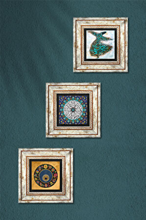 İhlas Suresi, Semazen, Nazar Taş Duvar Tablosu Çerçeveli Duvar Dekoru 3 Parça Tablo Seti Wall Art