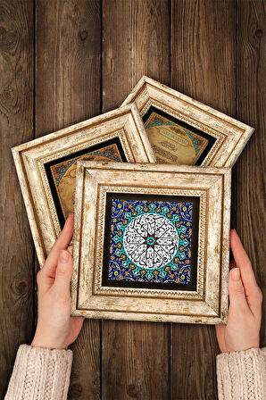 Vav, İhlas Suresi, Nazar Taş Duvar Tablosu Çerçeveli Duvar Dekoru 3 Parça Tablo Seti Wall Art