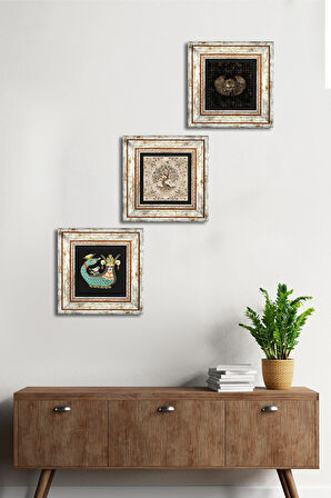 Horus'un Gözü, Şahmeran, Hayat Ağacı Taş Duvar Tablosu Çerçeveli Duvar Dekoru 3 Parça Tablo Seti Wall Art