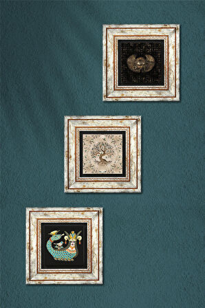 Horus'un Gözü, Şahmeran, Hayat Ağacı Taş Duvar Tablosu Çerçeveli Duvar Dekoru 3 Parça Tablo Seti Wall Art