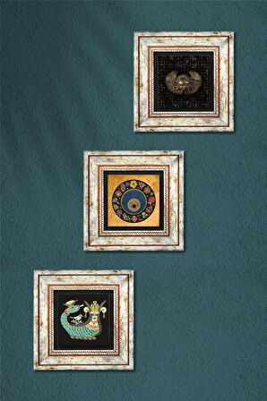 Horus'un Gözü, Nazar, Şahmeran Taş Duvar Tablosu Çerçeveli Duvar Dekoru 3 Parça Tablo Seti Wall Art