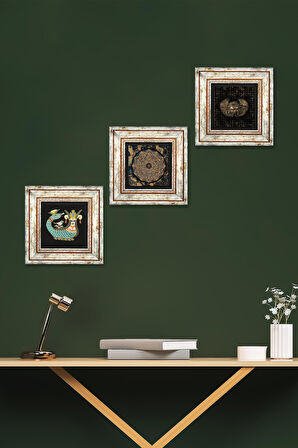 Horus'un Gözü, Sri Yantra, Şahmeran Taş Duvar Tablosu Çerçeveli Duvar Dekoru 3 Parça Tablo Seti Wall Art