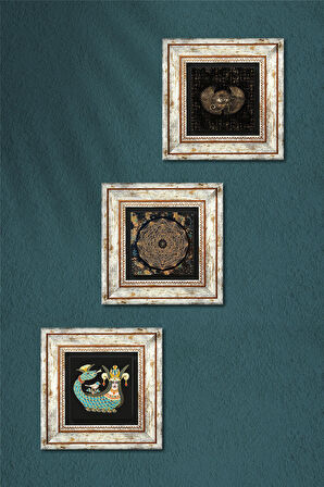 Horus'un Gözü, Sri Yantra, Şahmeran Taş Duvar Tablosu Çerçeveli Duvar Dekoru 3 Parça Tablo Seti Wall Art