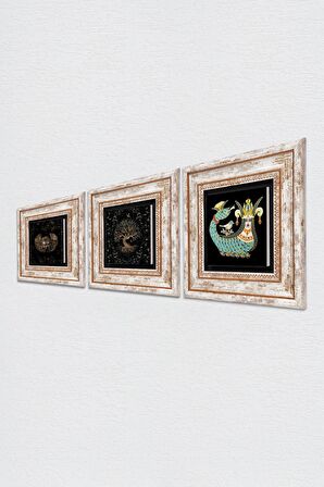 Horus'un Gözü, Hayat Ağacı, Şahmeran Taş Duvar Tablosu Çerçeveli Duvar Dekoru 3 Parça Tablo Seti Wall Art