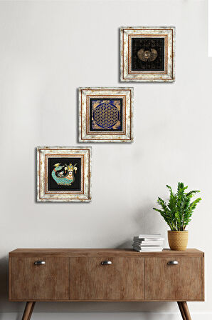 Horus'un Gözü, Yaşam Çiçeği, Şahmeran Taş Duvar Tablosu Çerçeveli Duvar Dekoru 3 Parça Tablo Seti Wall Art
