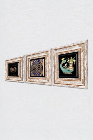 Horus'un Gözü, Yaşam Çiçeği, Şahmeran Taş Duvar Tablosu Çerçeveli Duvar Dekoru 3 Parça Tablo Seti Wall Art