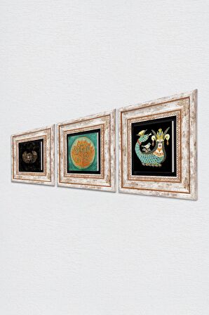 Horus'un Gözü, Lotus Çiçeği, Şahmeran Taş Duvar Tablosu Çerçeveli Duvar Dekoru 3 Parça Tablo Seti Wall Art