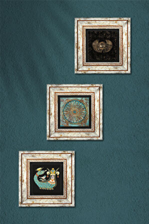 Horus'un Gözü, Yaşam Çiçeği, Şahmeran Taş Duvar Tablosu Çerçeveli Duvar Dekoru 3 Parça Tablo Seti Wall Art