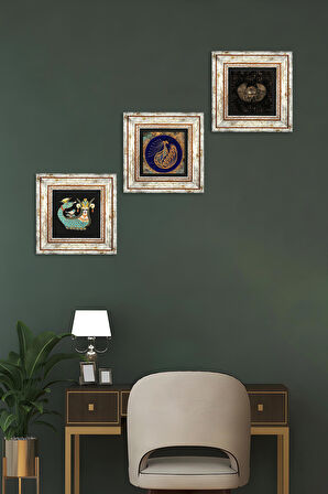 Horus'un Gözü, Tavus Kuşu, Şahmeran Taş Duvar Tablosu Çerçeveli Duvar Dekoru 3 Parça Tablo Seti Wall Art